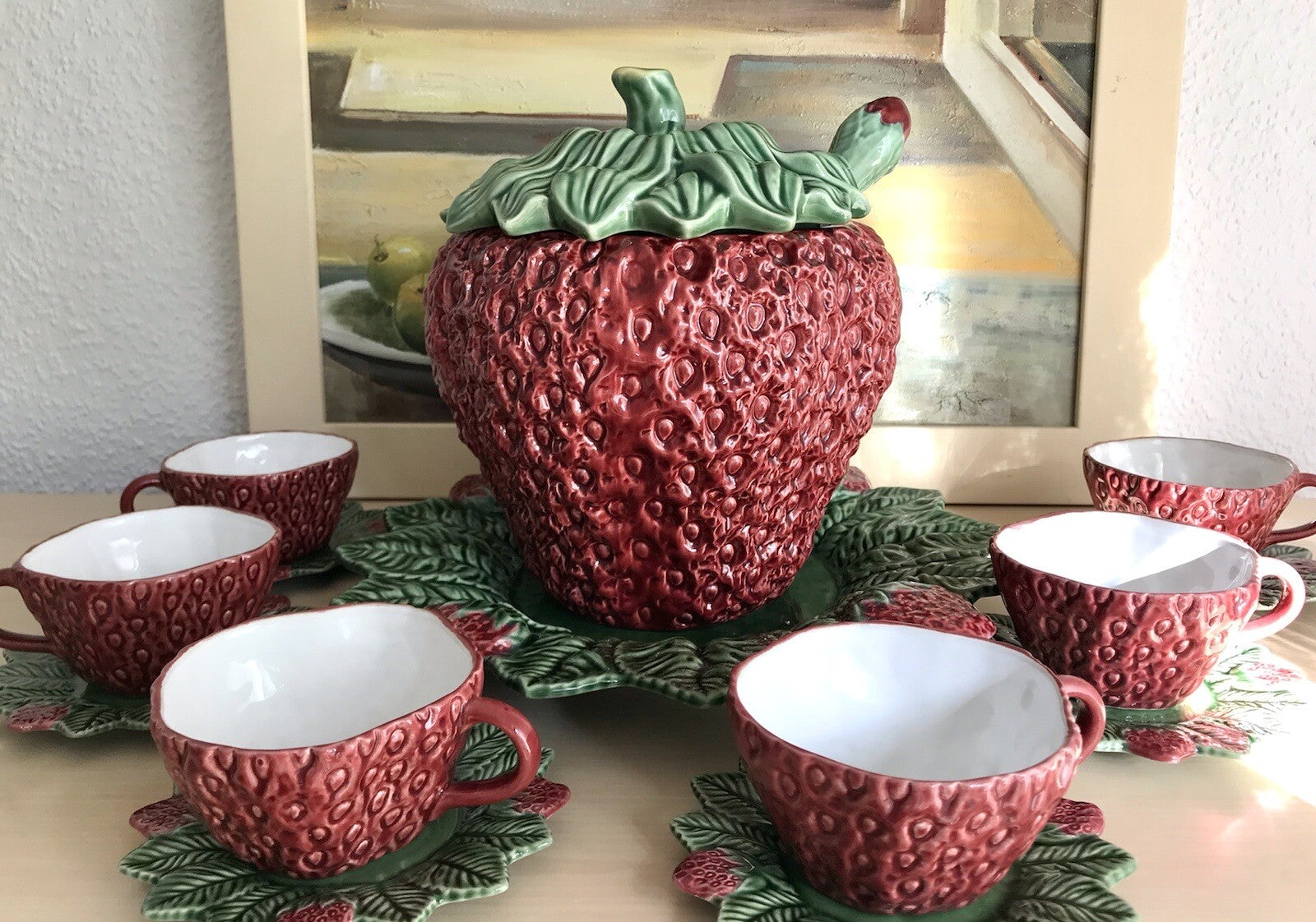 Vintage alt Majolika Keramik Bowle Set Topf 6 Tassen grün rot Erdbeere Pinhero