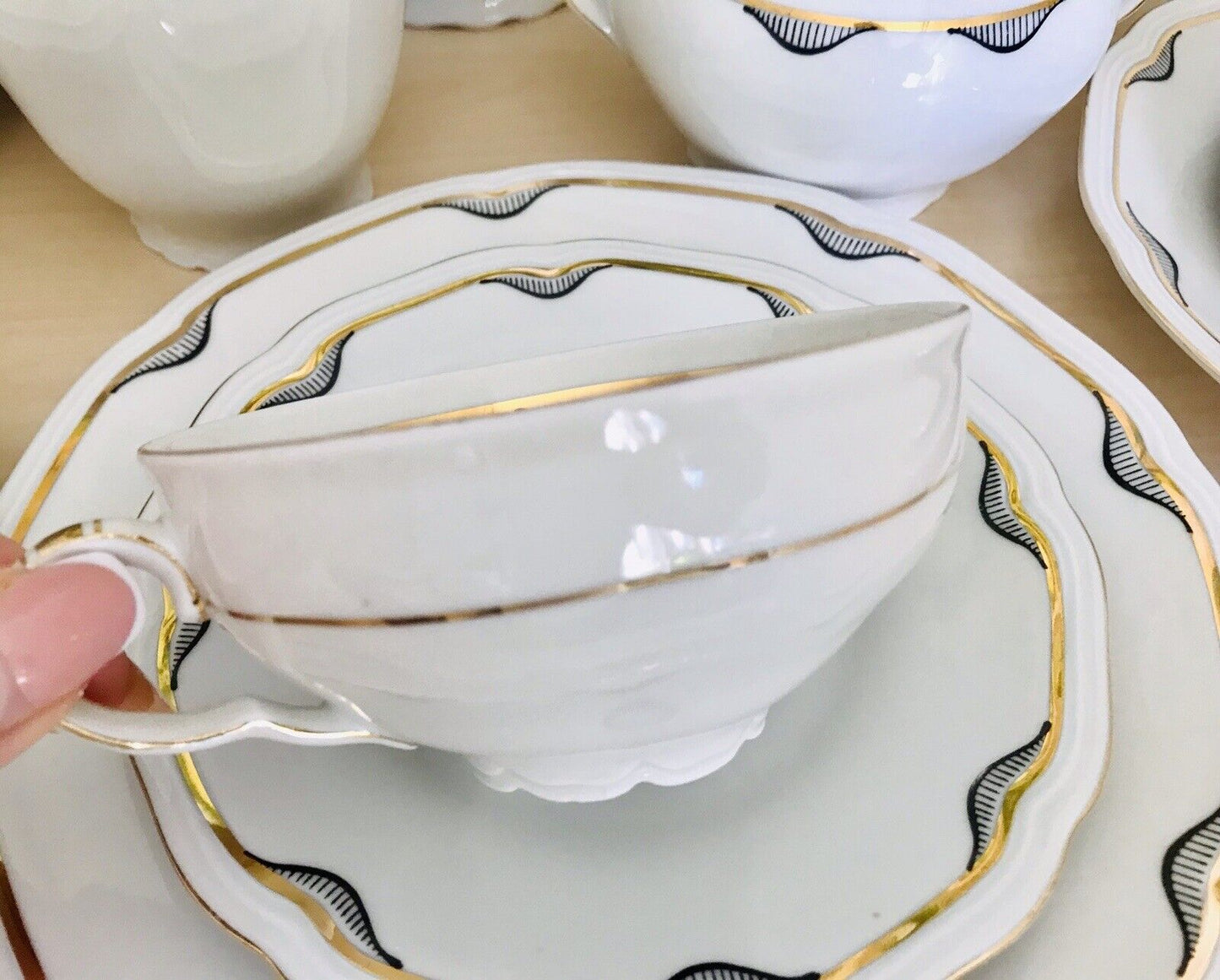 Antik Art Déco Porzellan Kaffeeservice 10 Pers. ivory schwarz gold