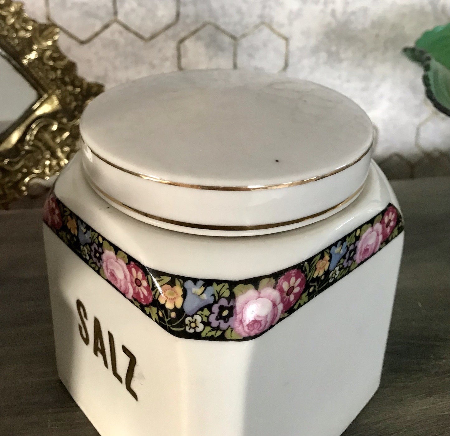 Antik Porzellan Dose Vorratsgefäß Vorratsdose Salz Blumenborte Art Déco