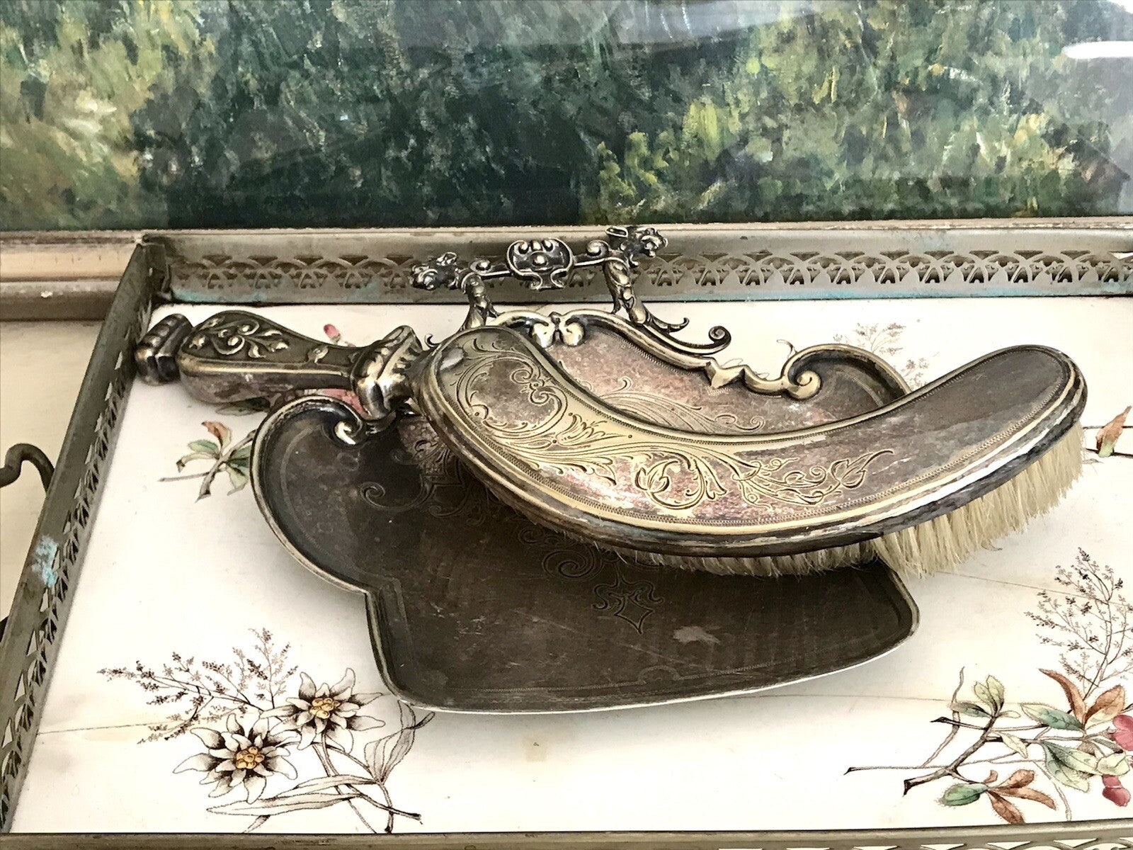 Antik versilbert Jugendstil Tischkehrset Tischkehrer Tisch Krümmelkehrer