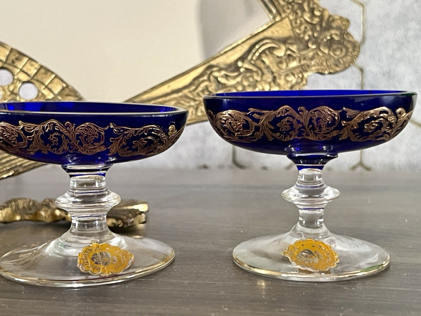 Antik 2x Art Déco Saliere Schale Bleikristall Hand Cut Kobalt Blau gold