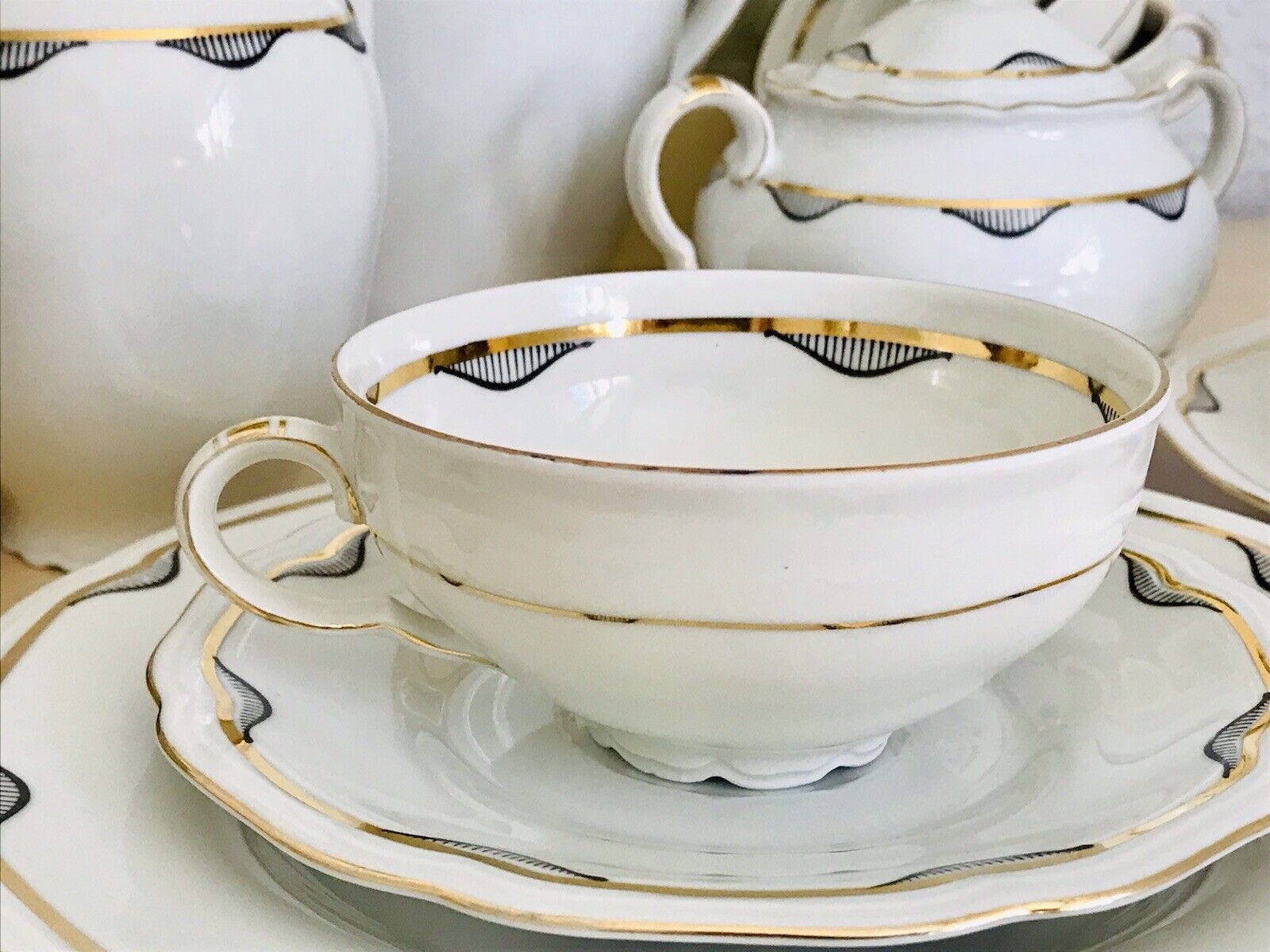 Antik Art Déco Porzellan Kaffeeservice 10 Pers. ivory schwarz gold