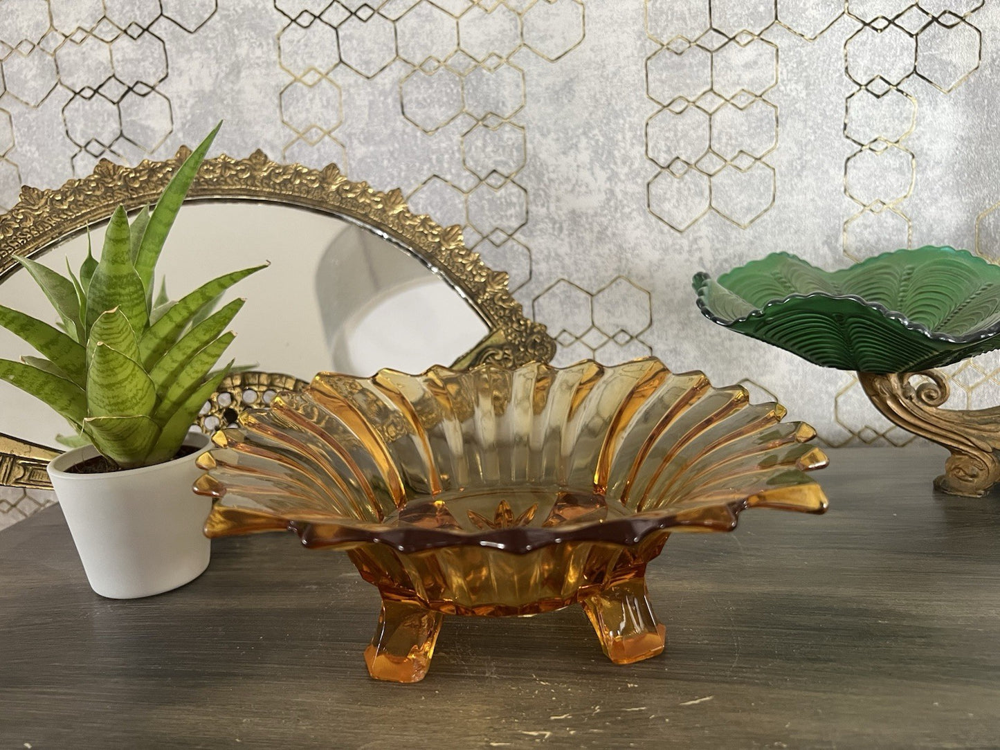 Antik Jardiniere Brockwitz Prismen Bernstein gelb Art Déco Schale Pressglas Glas