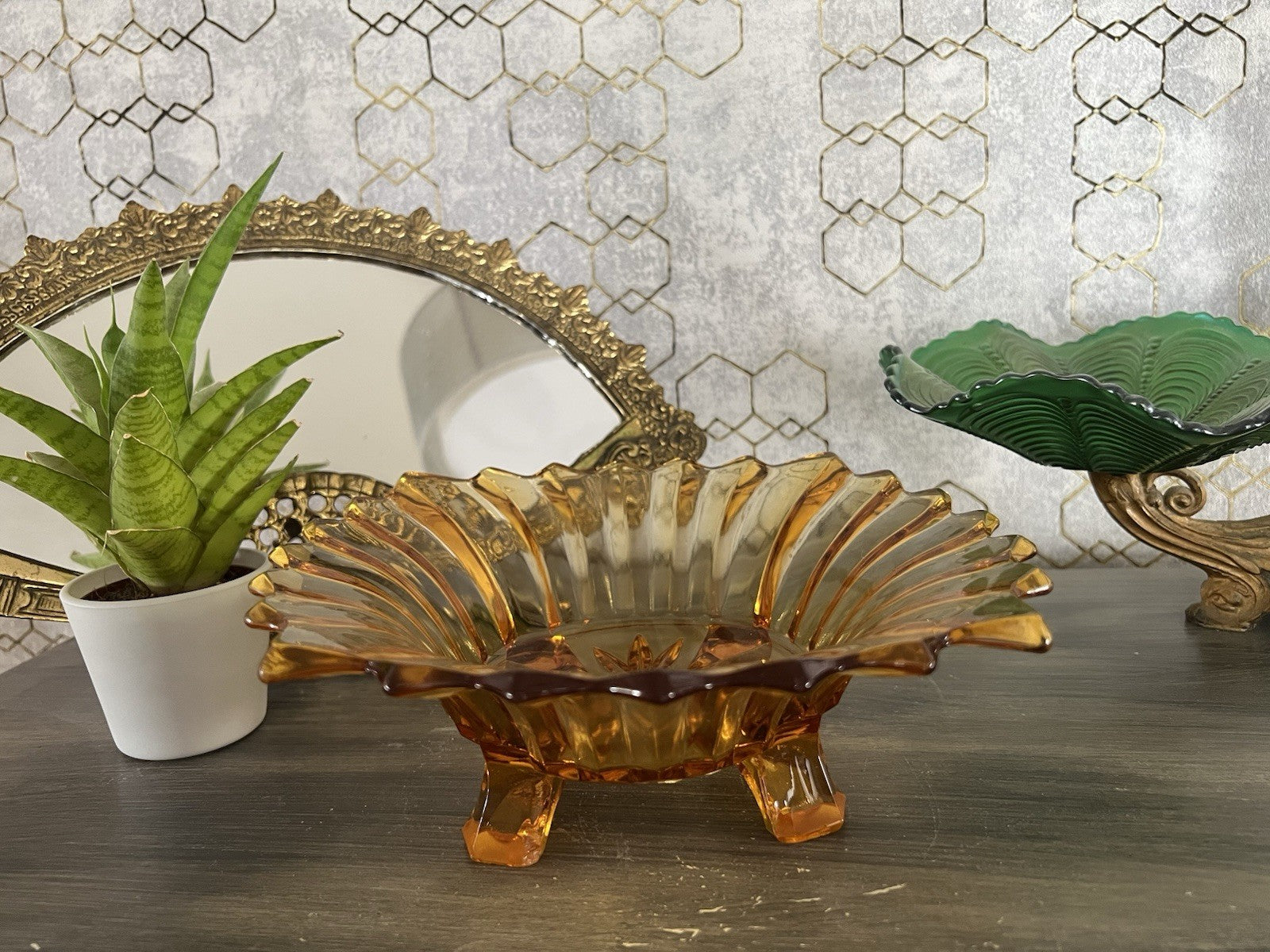 Antik Jardiniere Brockwitz Prismen Bernstein gelb Art Déco Schale Pressglas Glas