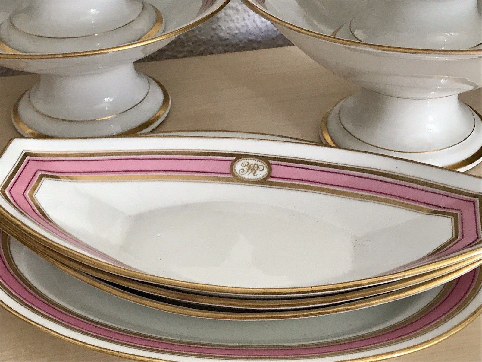 Antik Biedermeier Porzellan 1 Schiffchen Schale  ~1845 Ligatur Monogramm JR