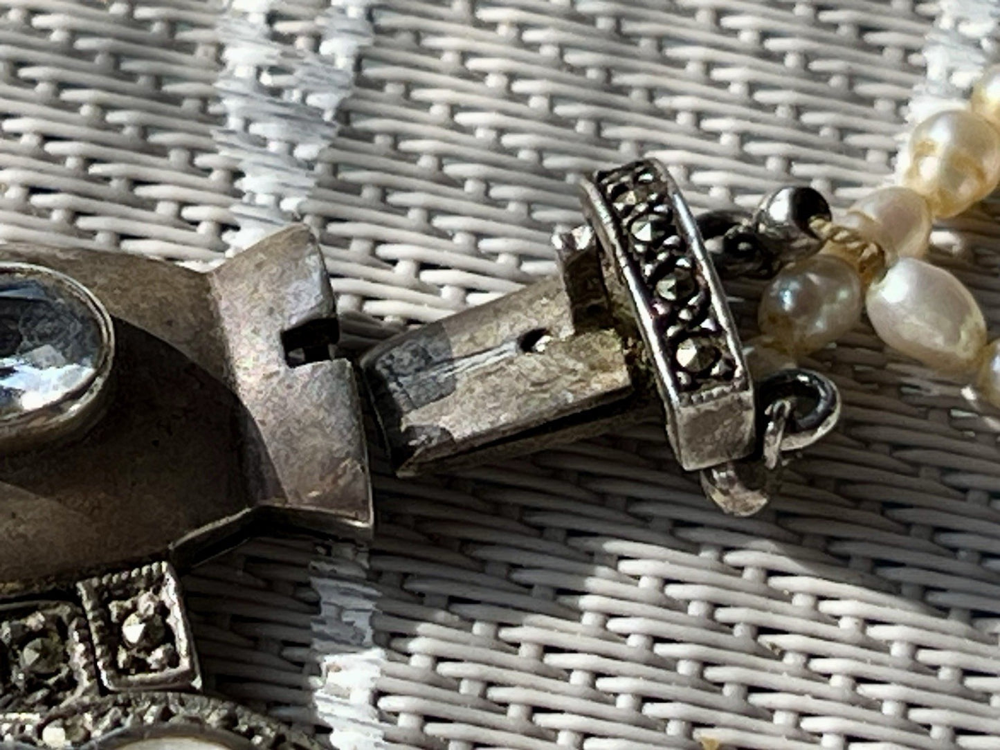 Antik  Jugendstil Silber Collier Perlen Halskette Herz Markasite blauer Stein