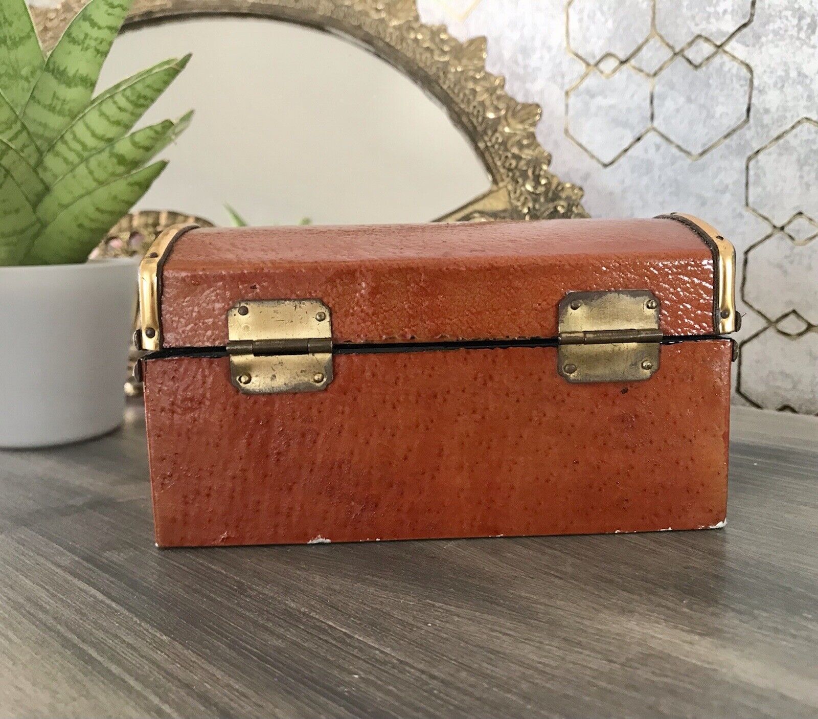 Vintage Schatulle Schmuckdose Dose Kästchen Leder bezogen Cognac