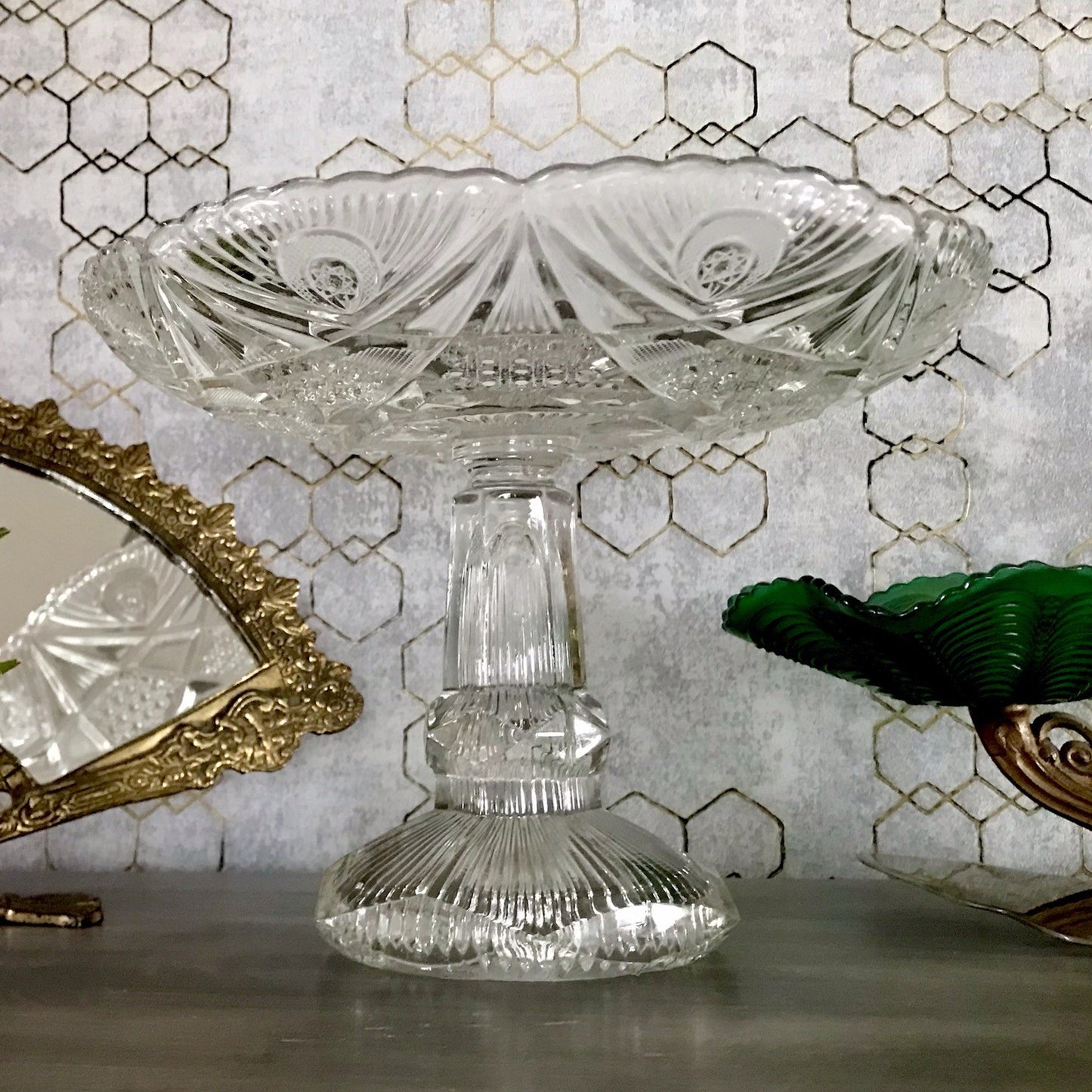 Antik Art Déco Pressglas Glas Schale Fußschale Tafelaufsatz Brockwitz Imperial