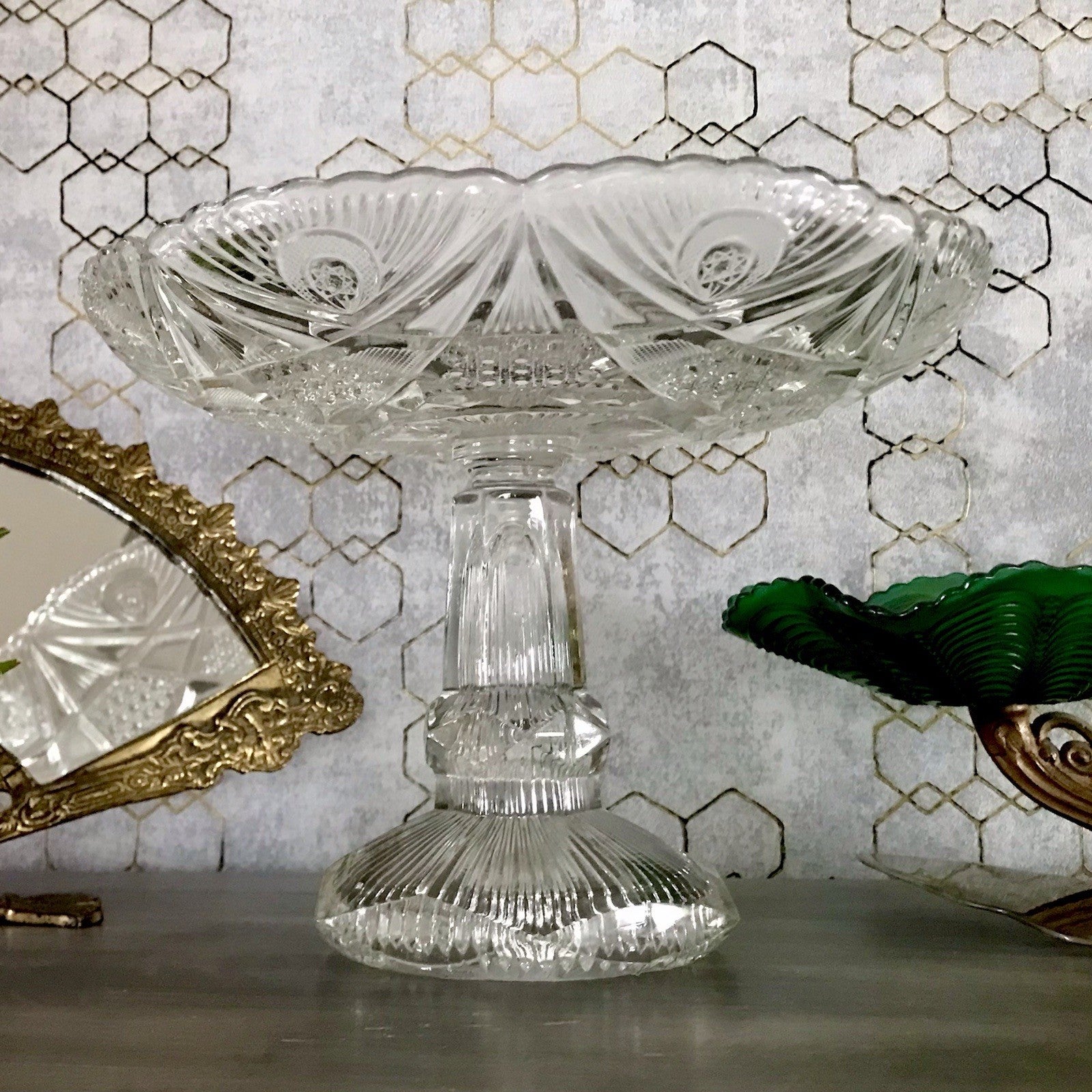 Antik Art Déco Pressglas Glas Schale Fußschale Tafelaufsatz Brockwitz Imperial
