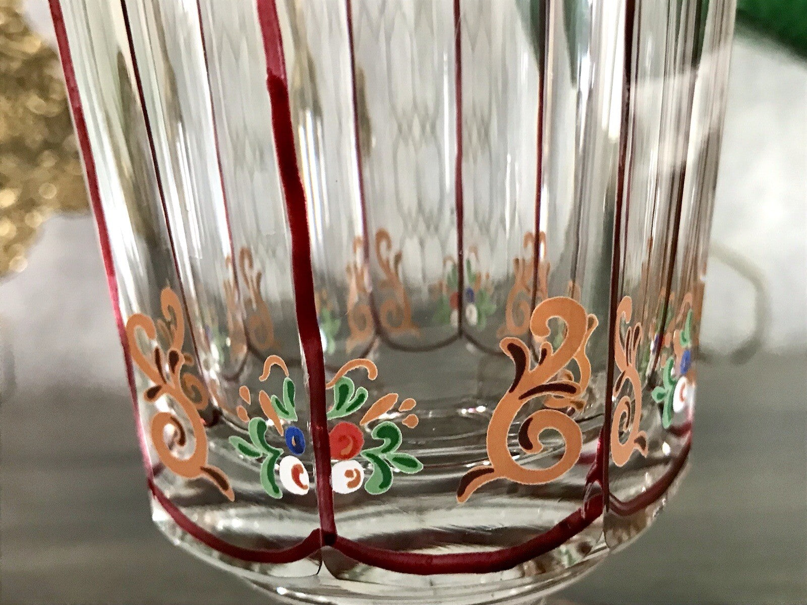 Antikisiert Replik Böhmisch Biedermeier Email-Malerei Glas Fußbecher bemalt