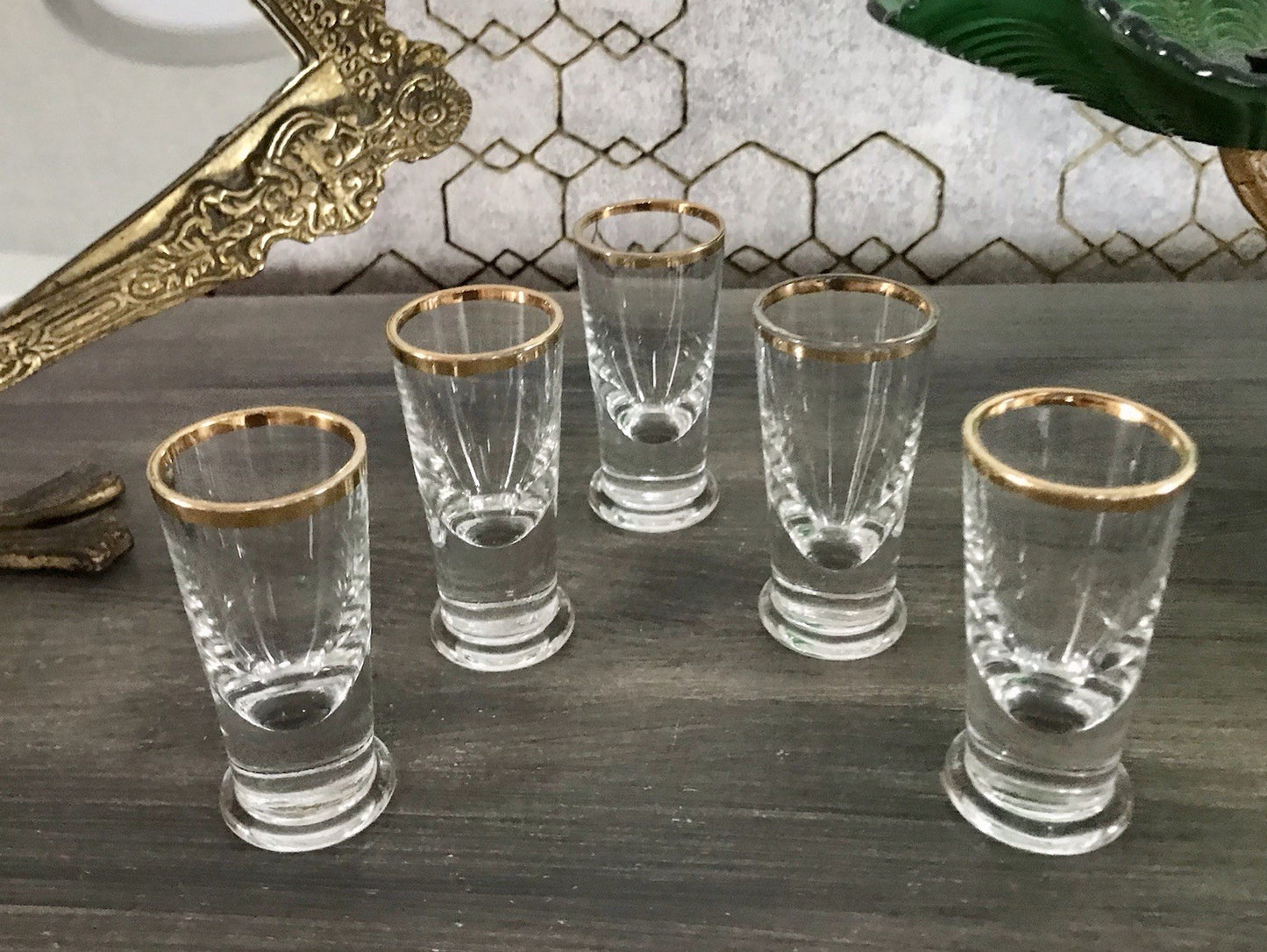 Antik 5 Pinnchen Schnapsgläser Golddekor Glas Biedermeier Likörgläser