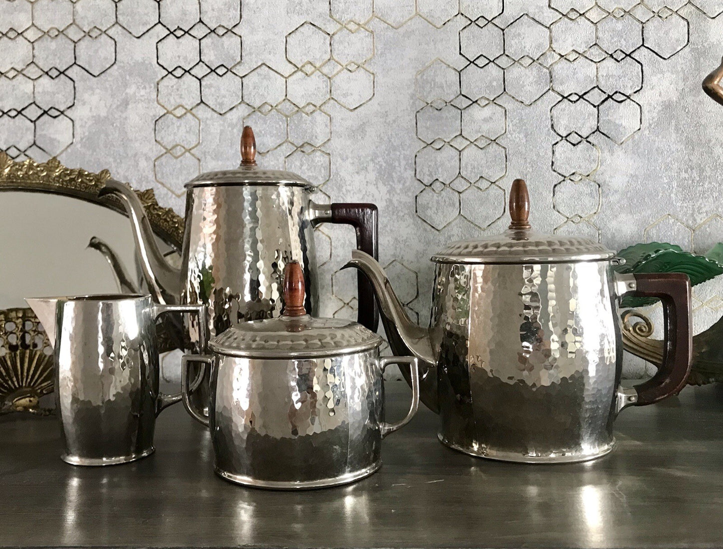 Antik WMF Jugendstil Kaffee Kernstück Zuckerdose Rahmgießer 2 Kanne Hammerschlag