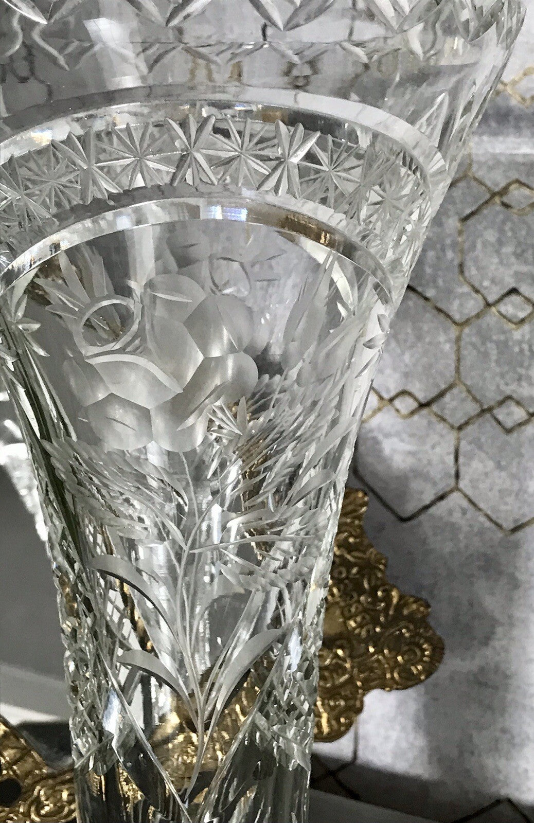 Antik Vase Glasvase Kristallglas geschliffen Art Déco Trichtervase Pokalvase