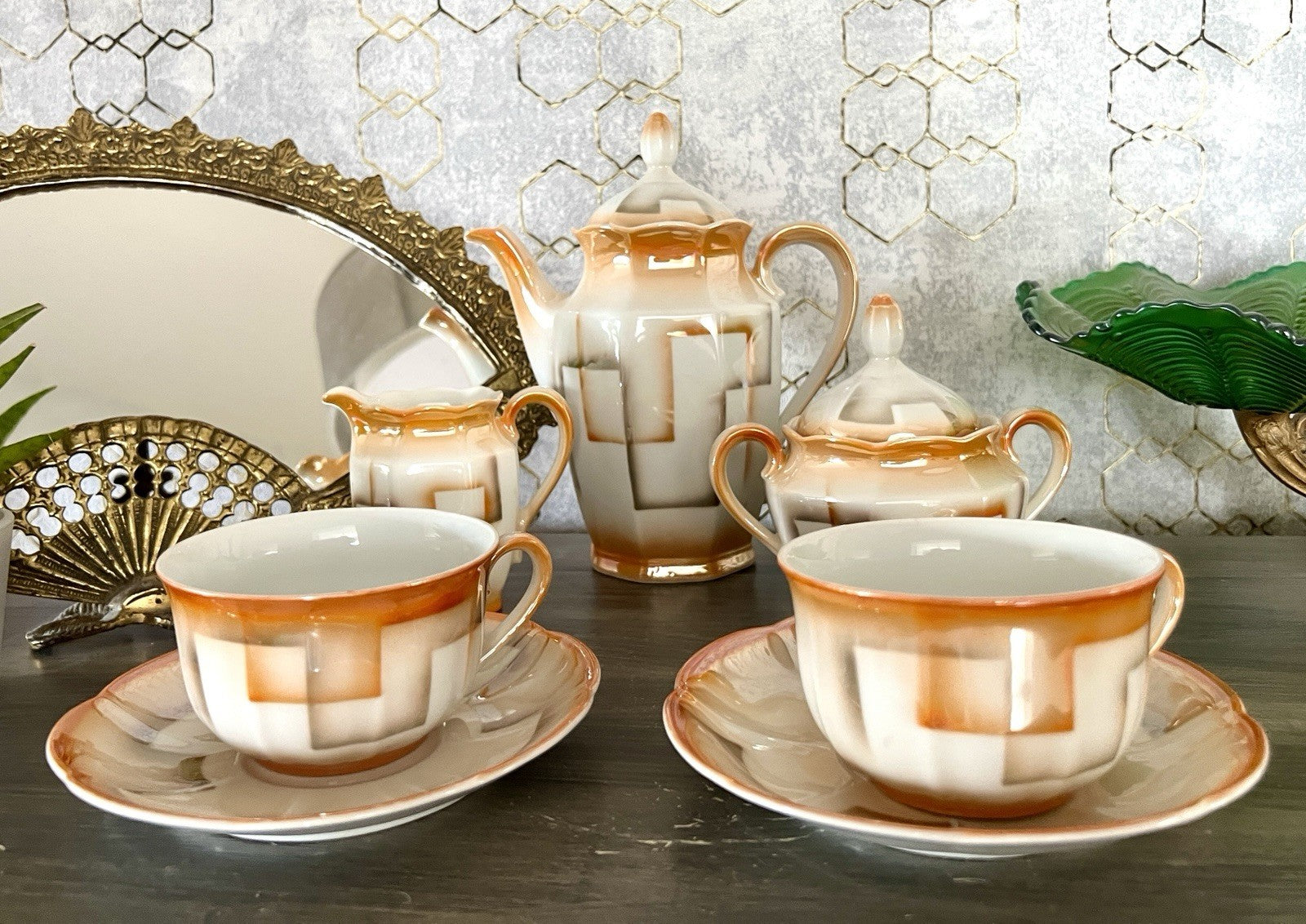 Antik Art Déco Porzellan Kaffeeservice Spritzdekor Bauhaus Teté a Téte 2 Pers.