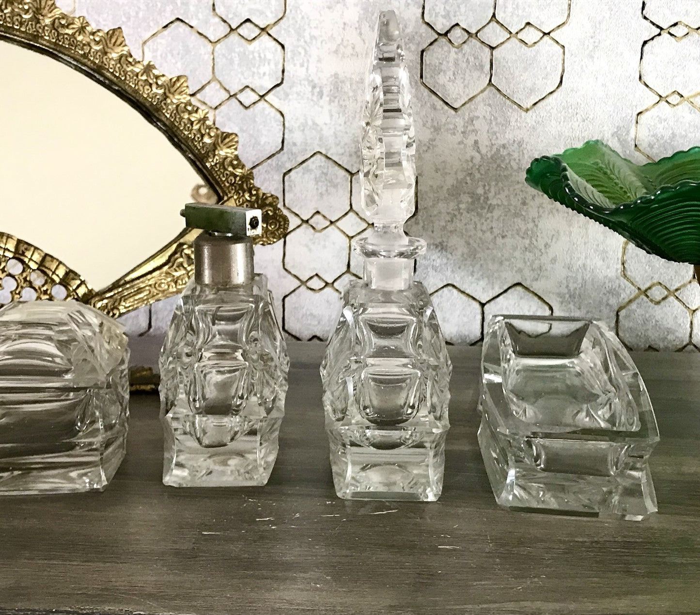 EDEL Art Déco antik 4Teile Kristallglas Frisiertisch  Garnitur Dose Flacon