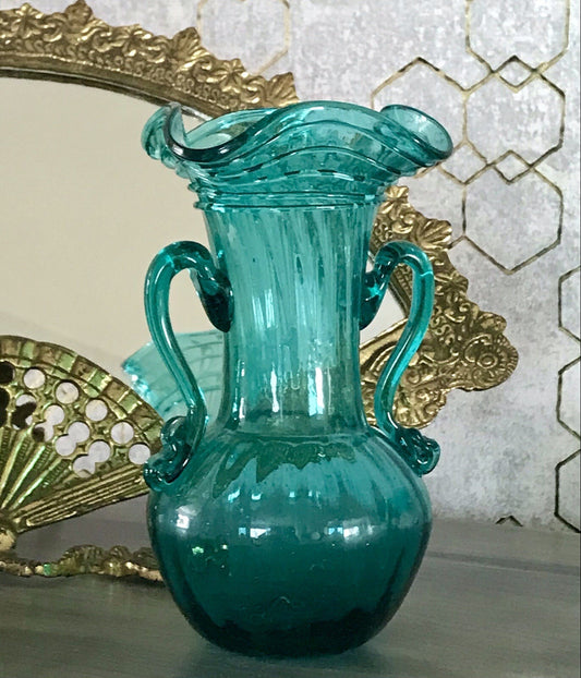 Antik Glasvase Vase Türkis Blau Glas Abriss Aufschmelzungen Murano?
