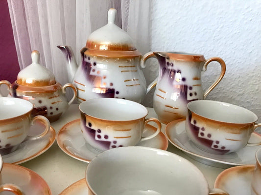 Antik Art Déco Porzellan Kaffeeservice Spritzdekor Teeservice 6 Pers.