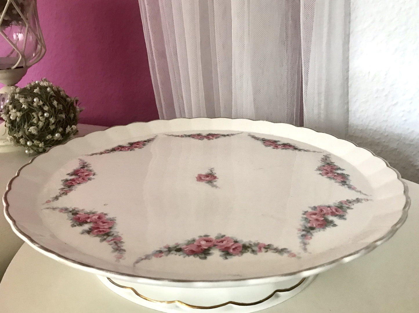 Antik Max Rösler Keramik Tortenplatte Tortenständer Rosen Art Déco