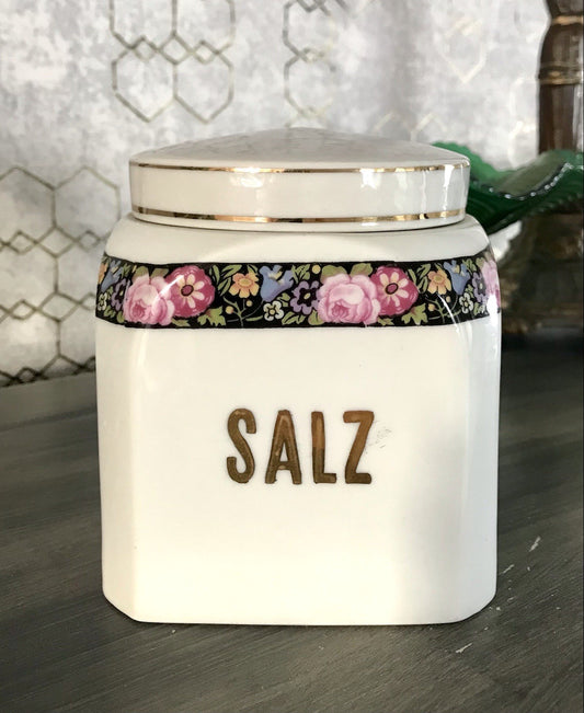 Antik Porzellan Dose Vorratsgefäß Vorratsdose Salz Blumenborte Art Déco
