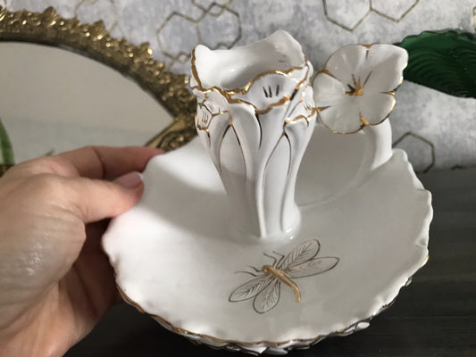 Antik reines Jugendstil Porzellan Kammerleuchter Leuchter weiß gold Libelle