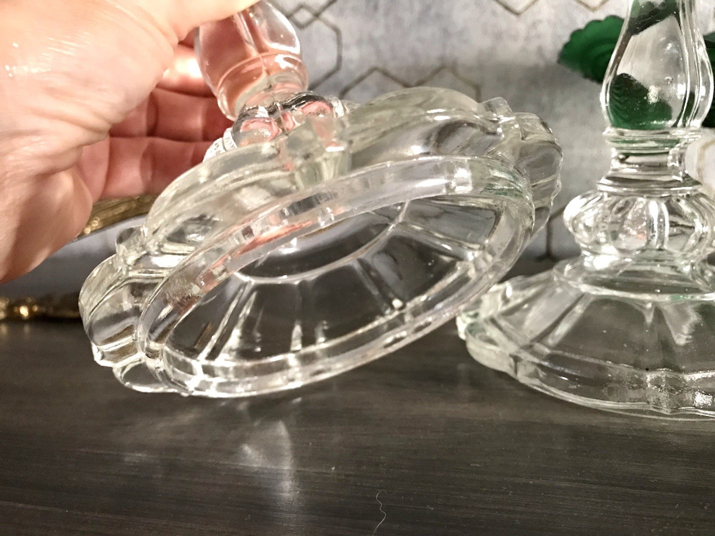 Antik Art Déco 2x Kerzenleuchter Leuchter Kerzenständer Pressglas Glas