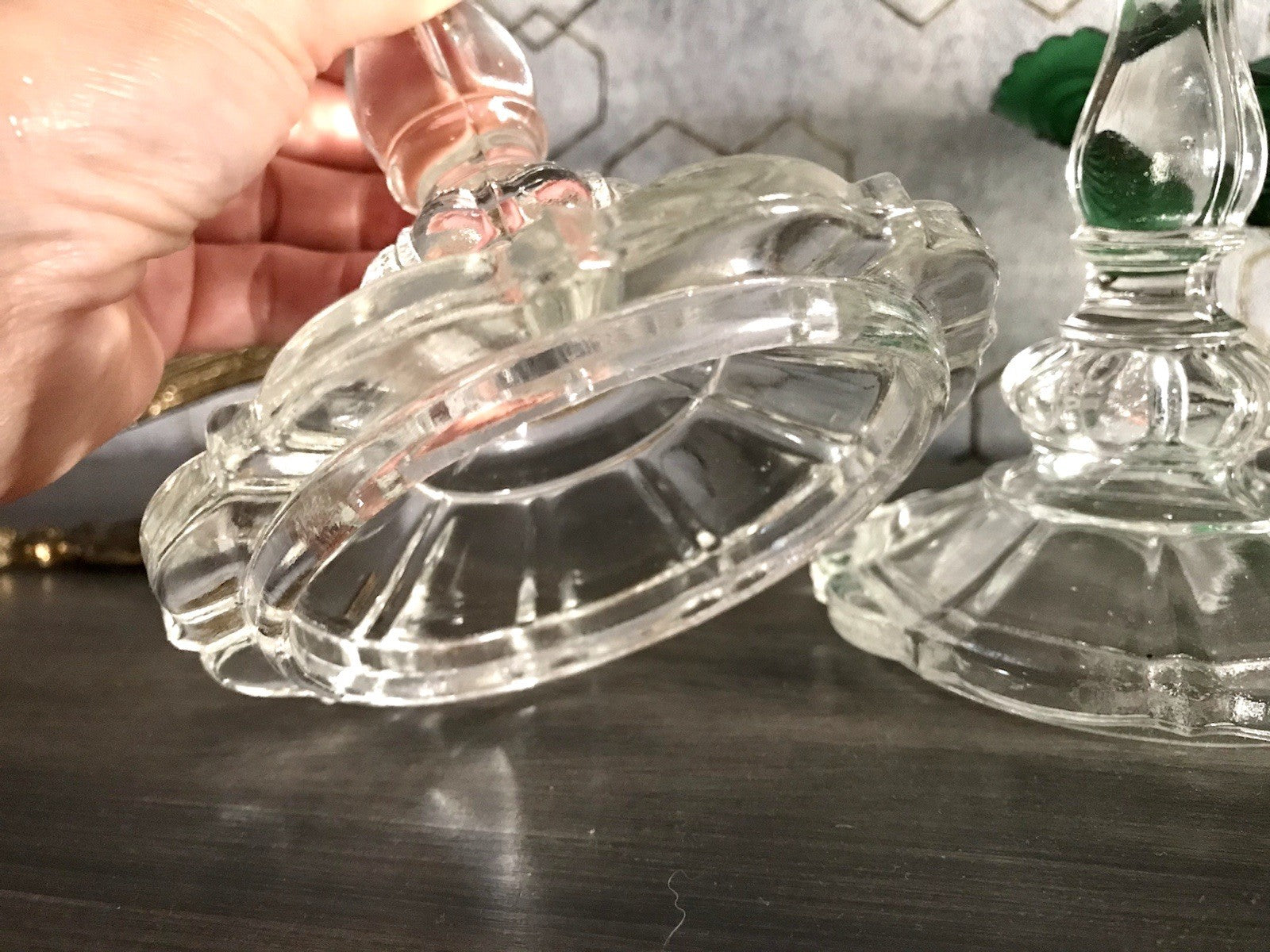 Antik Art Déco 2x Kerzenleuchter Leuchter Kerzenständer Pressglas Glas