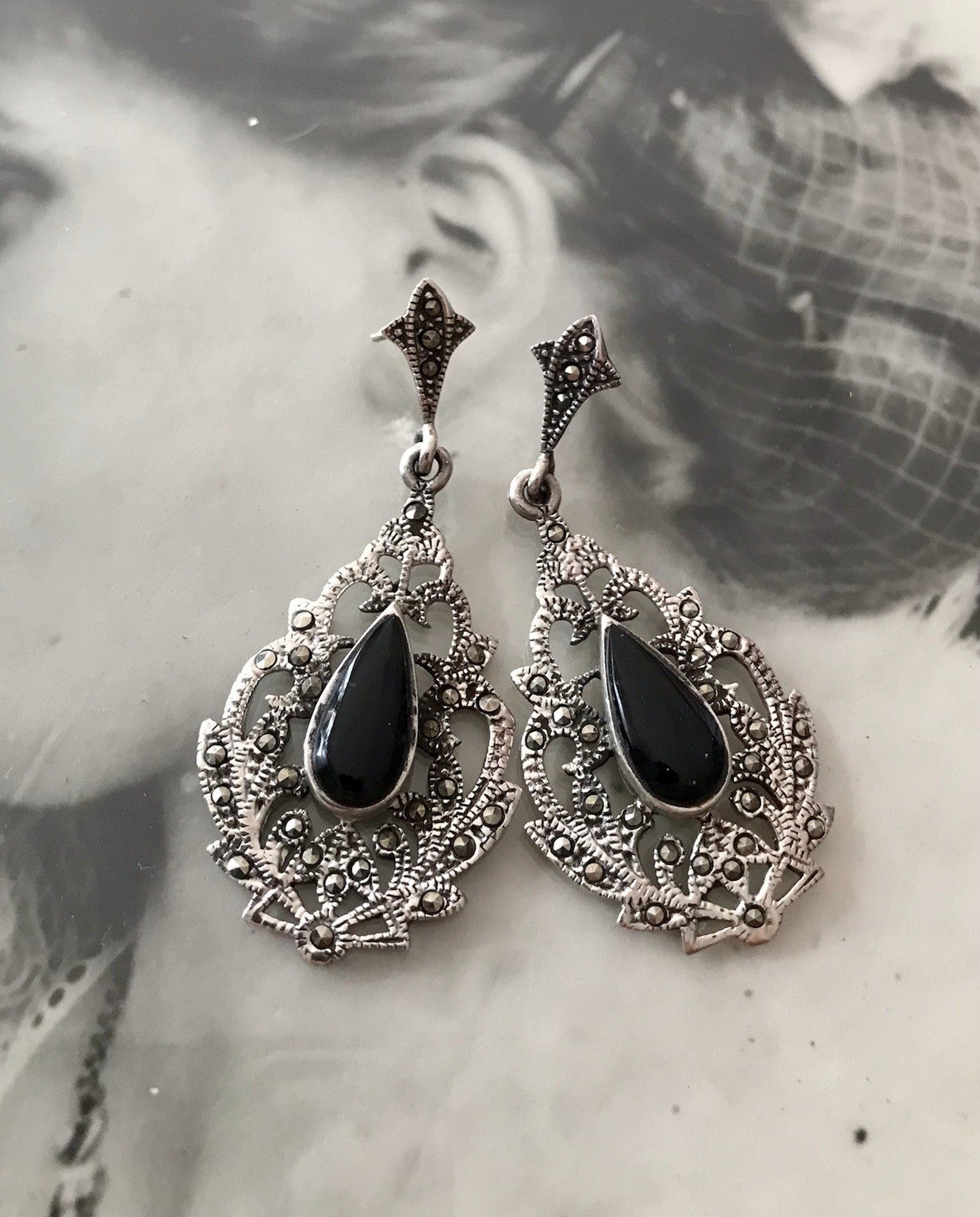 Antik Art Déco Wundervoll Ohrhänger Ohrringe DAMEN Silber 925 Onyx Markasite