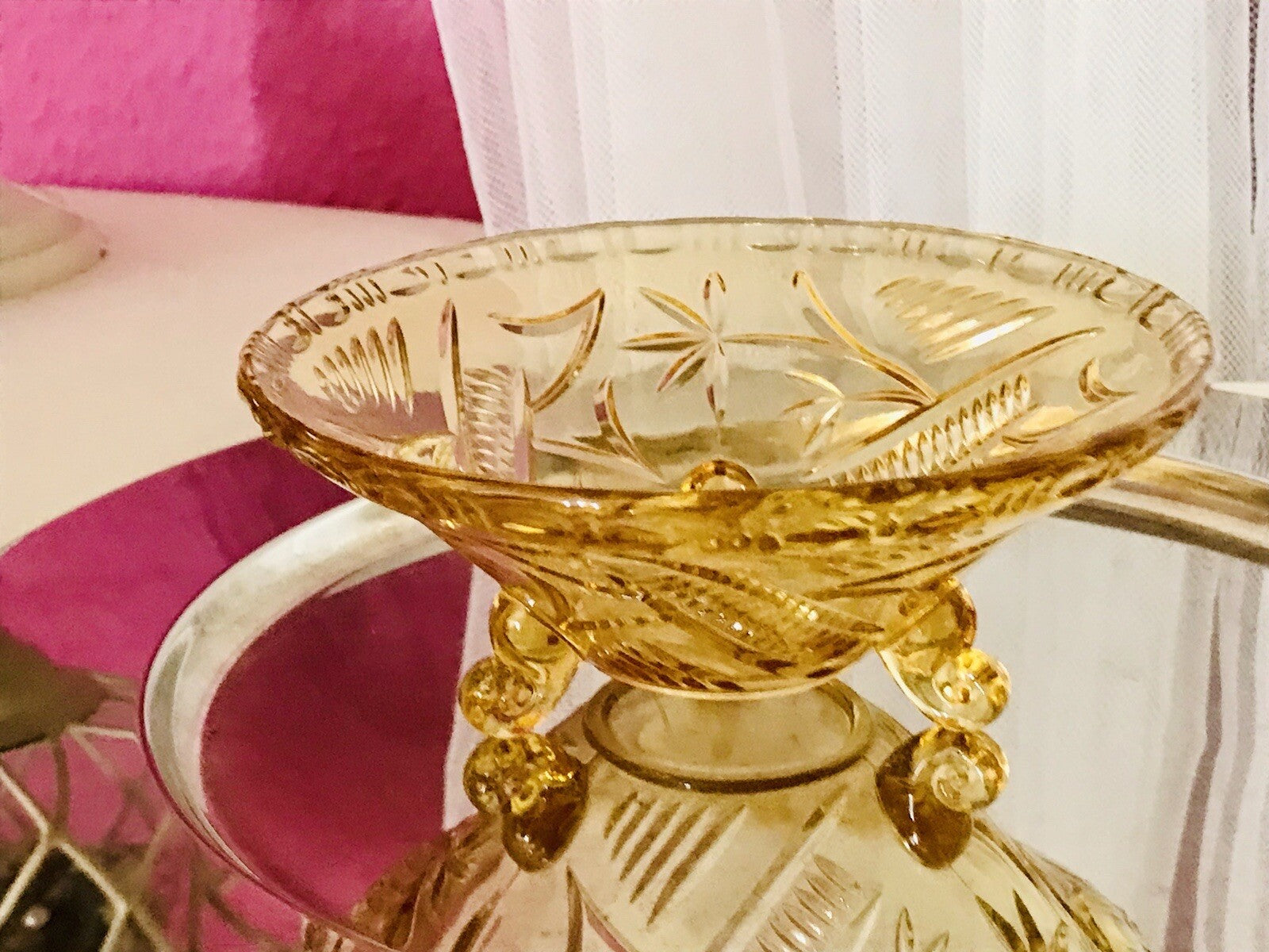 Antik gelb Art Déco Schale Pressglas Glasschale 3füßig So Schön!