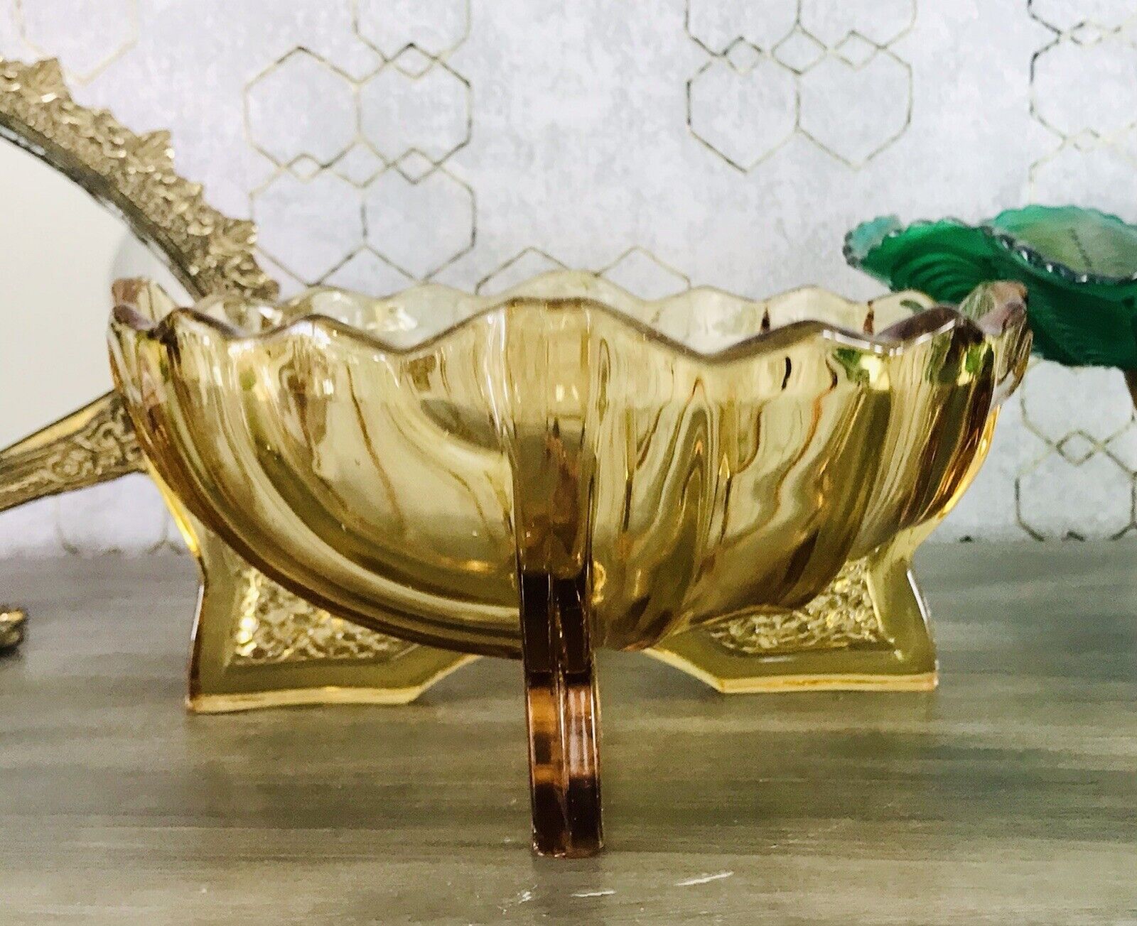 Antik Art Déco gelb Pressglas Jardiniere Schale Glas RAR markant