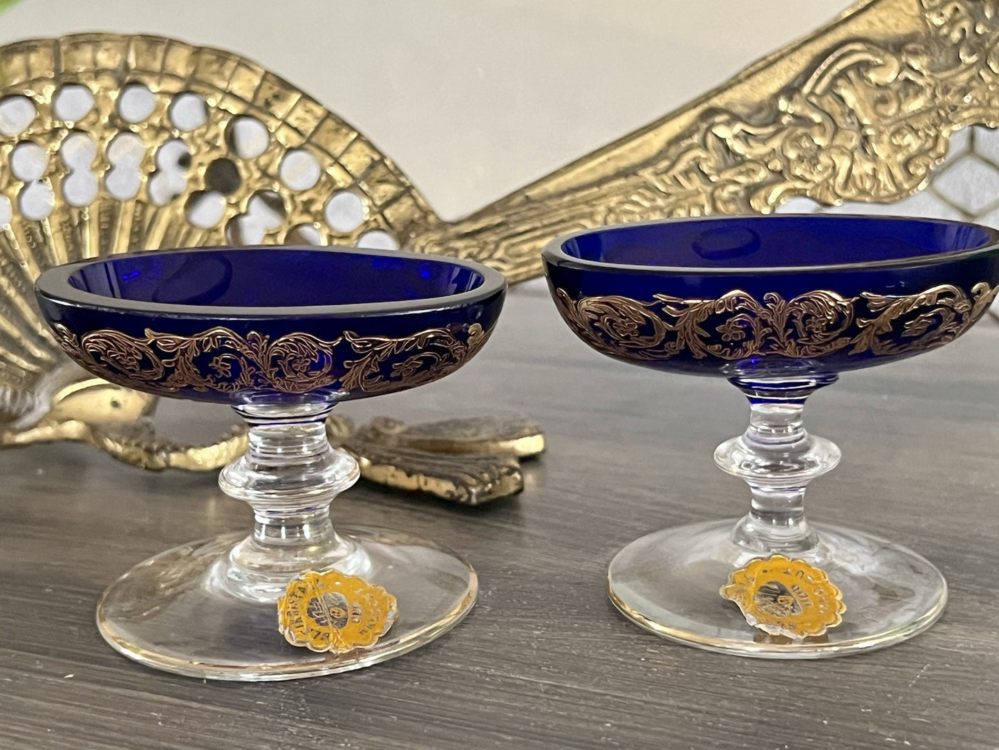 Antik 2x Art Déco Saliere Schale Bleikristall Hand Cut Kobalt Blau gold