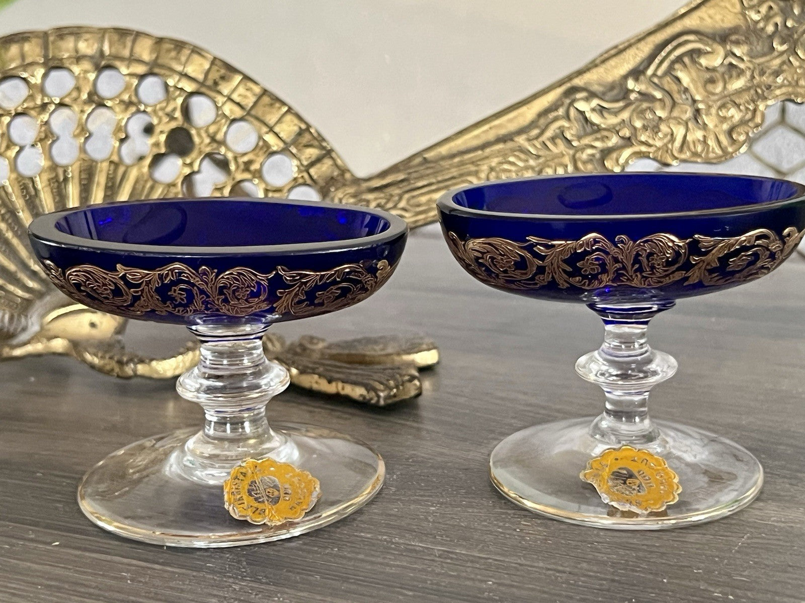 Antik 2x Art Déco Saliere Schale Bleikristall Hand Cut Kobalt Blau gold
