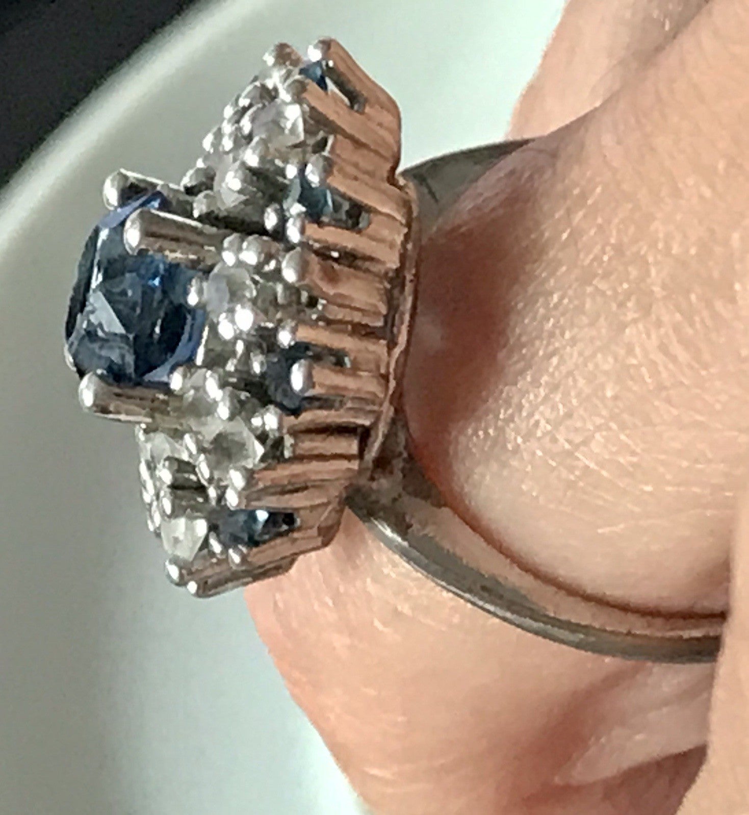 Vintage Entourage Halo Ring farblose Steine & Saphir Silber 835  ~Gr.55 17,5