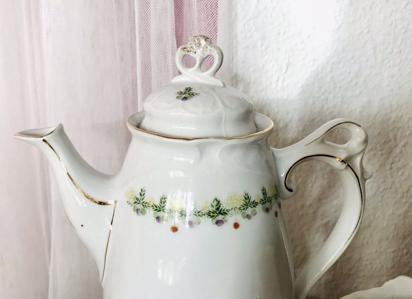 Antik Jugendstil Porzellan Kaffee Kernstück Kanne &  Weihnachtsmotiv ! Ranken