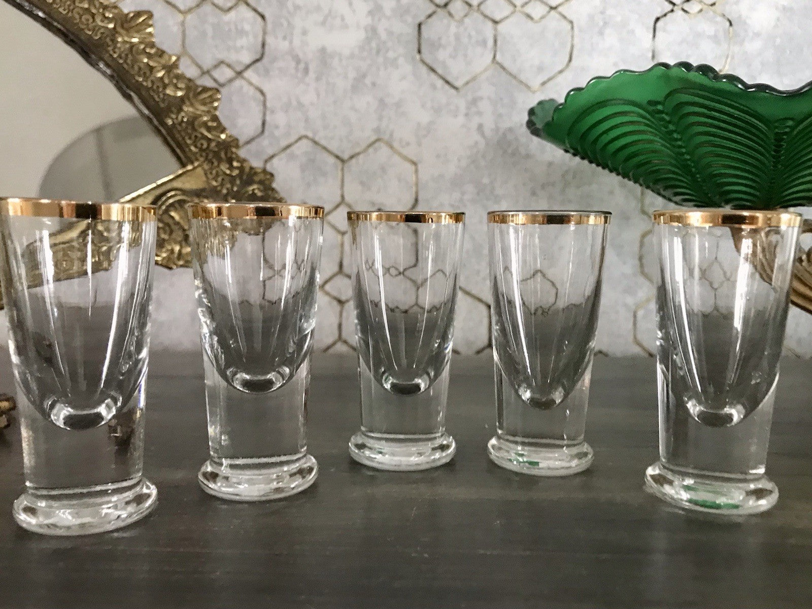Antik 5 Pinnchen Schnapsgläser Golddekor Glas Biedermeier Likörgläser
