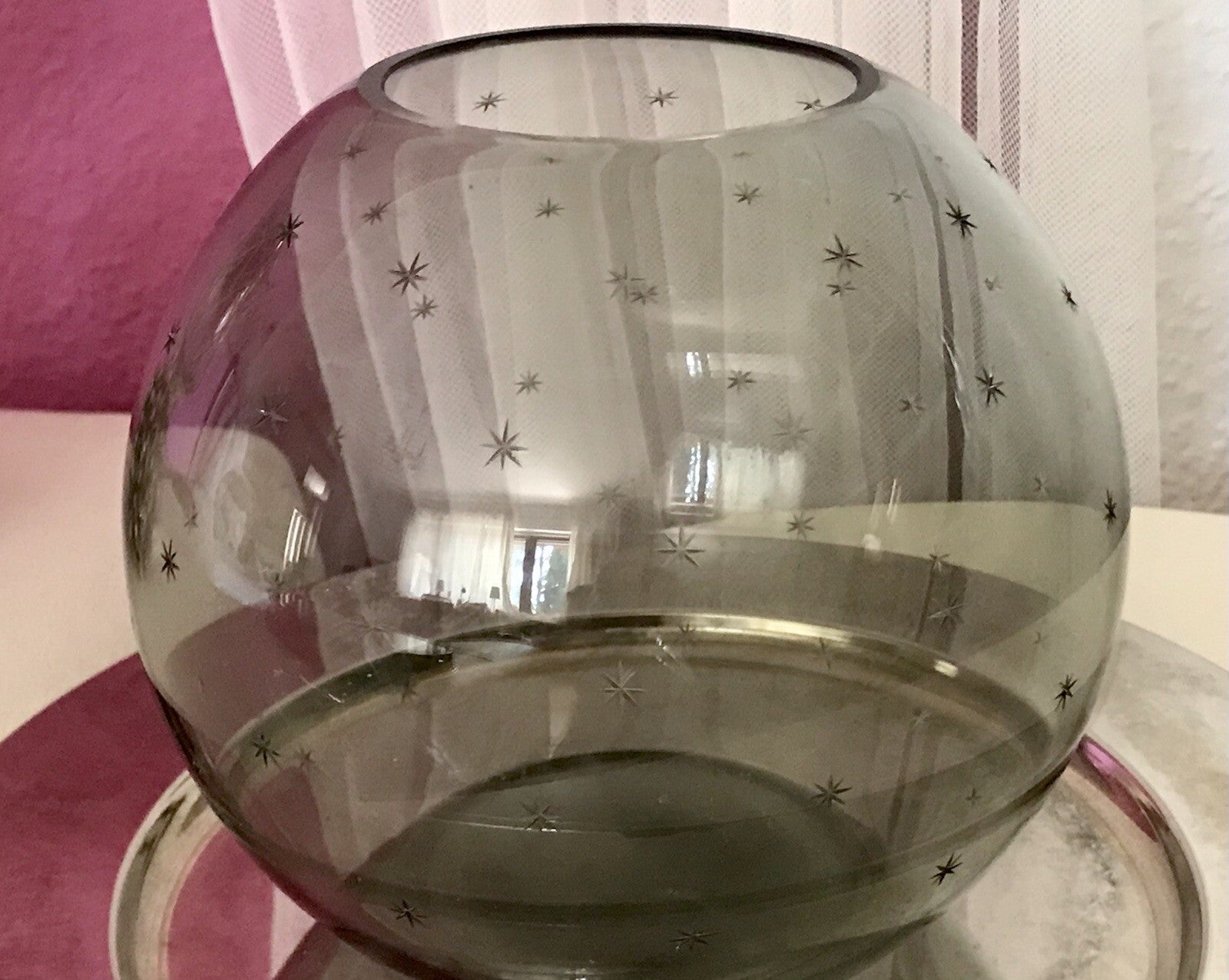 Alt Vintage Glasvase Glas Rauchglas Vase Mid century Kugelvase Grau Sternchen
