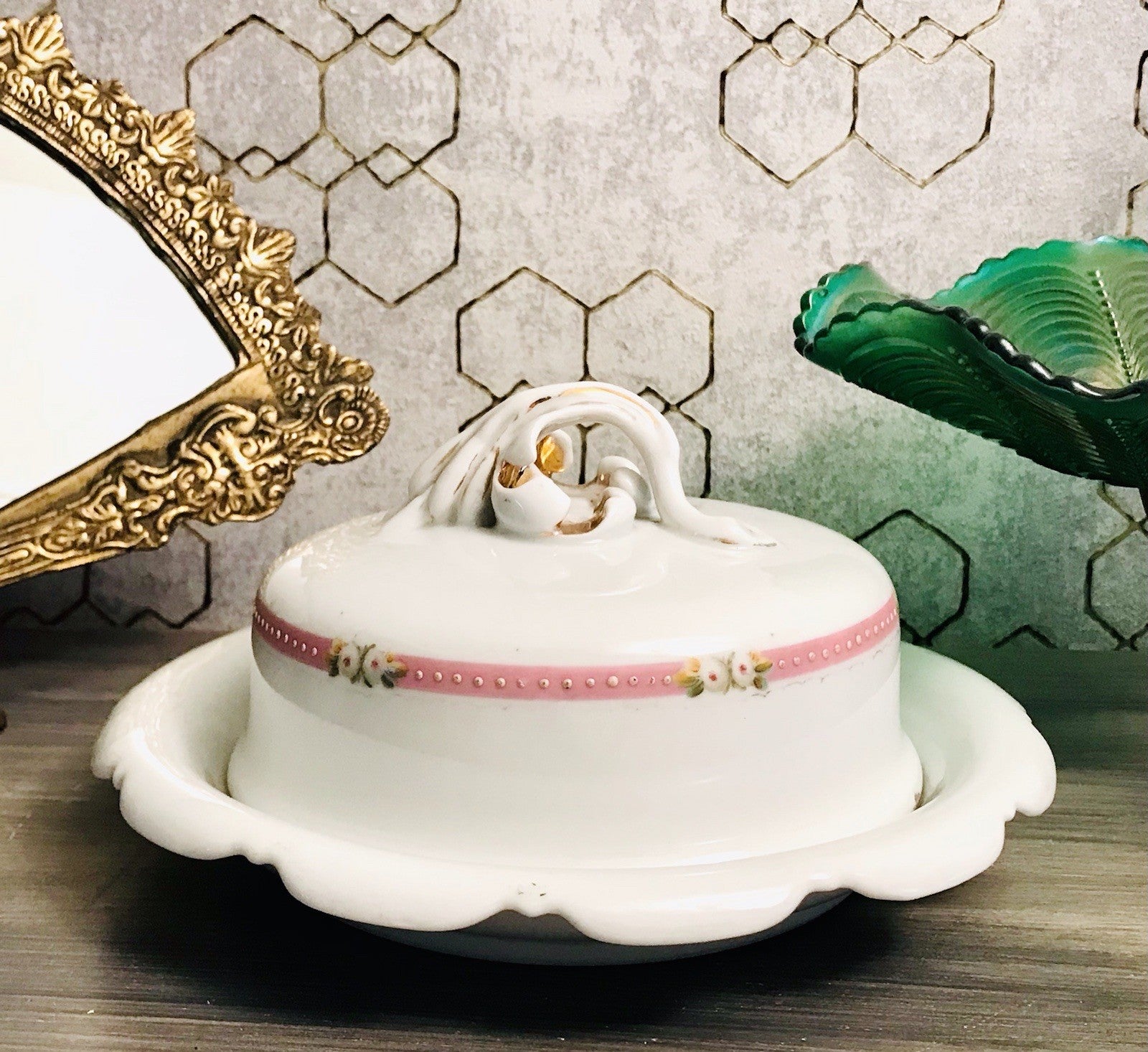 Antik Biedermeier Porzellan Butterdose Dose Handbemalung weiß rosa gold