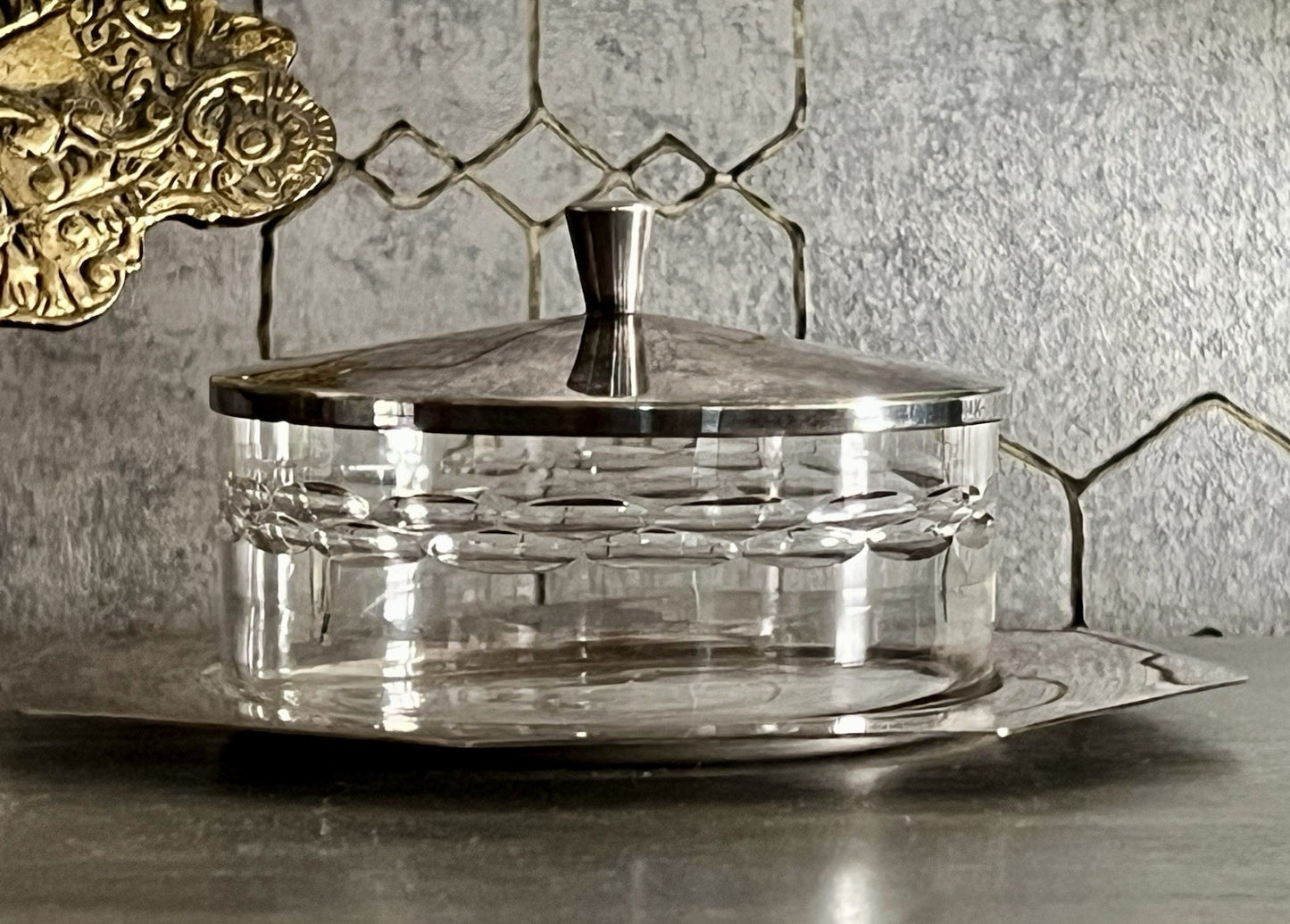 Antik WMF Art Déco Butterdose Dose versilbert Deckeldose Glaseinsatz geschliffen