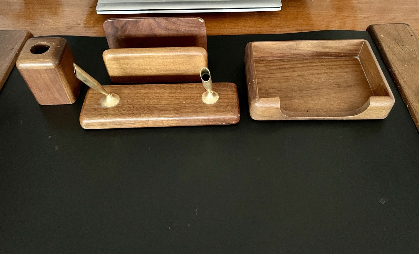 Vintage Schreibtisch Garnitur Organizer Holz Ablage Stifthalter Schreibauflage