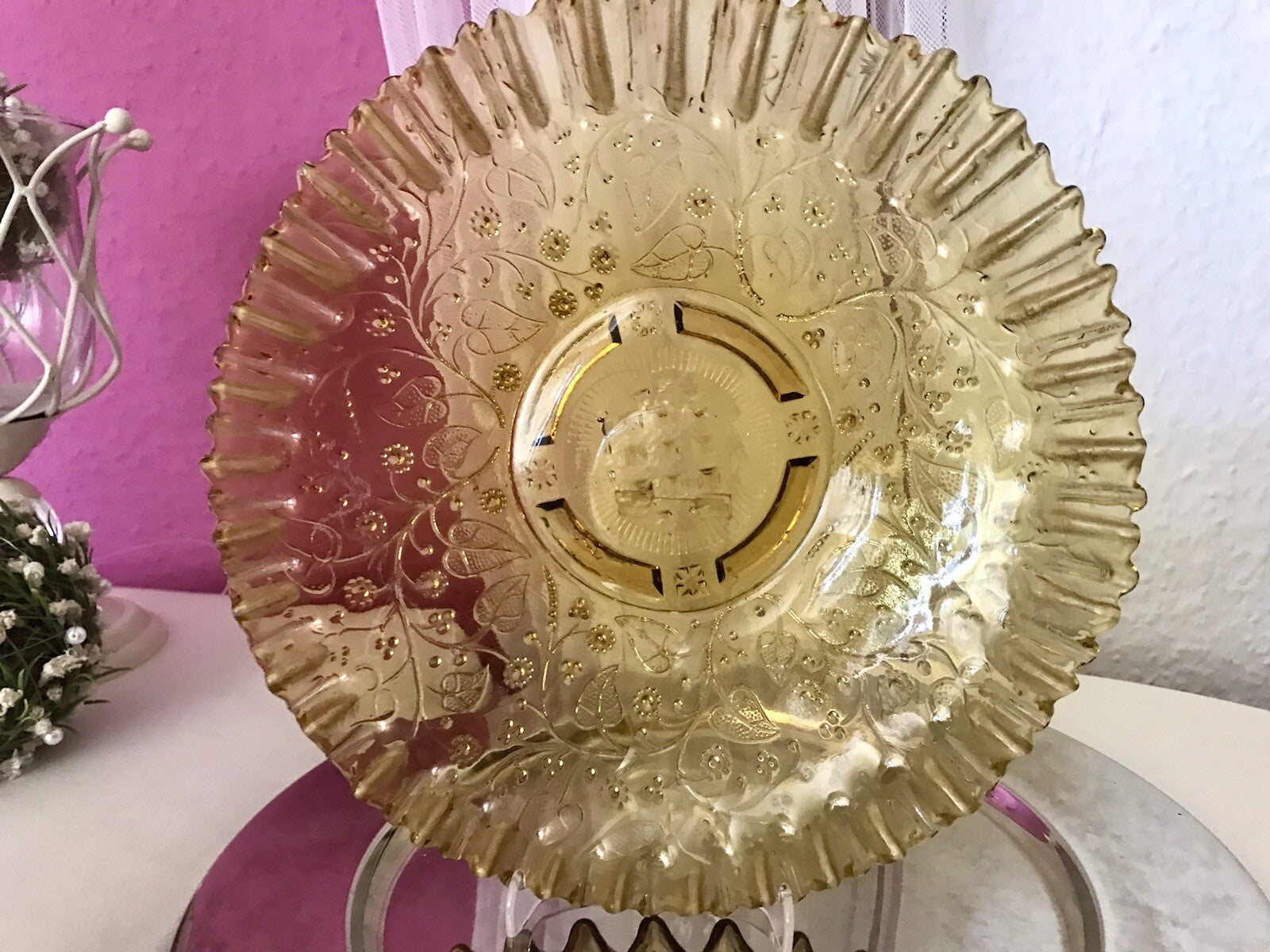 Antik Jugendstil Serviettenrand Pressglas Schale Glas Fenne Ewald Gelb Selten!