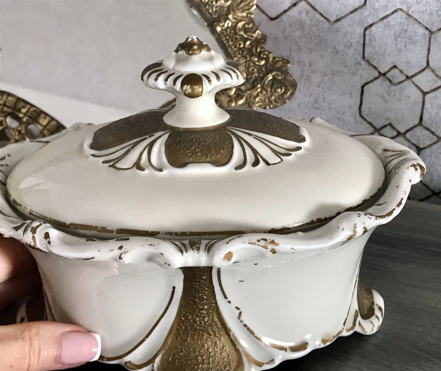 Antik Art Déco Porzellan Dose Deckeldose Schatulle Bonboniere Neu-Tettau 1930