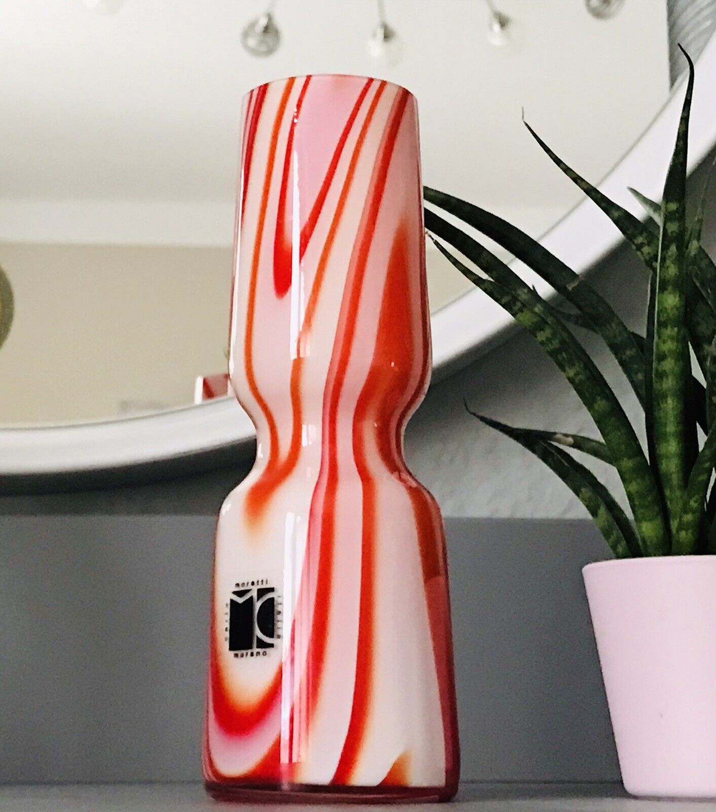 Carlo Moretti Vintage  Vase Murano Glasvase rot weiß