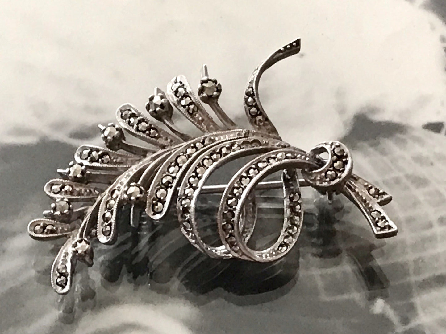 Antik Art Déco Edel prachtvoll Brosche Silber 835 Markasite
