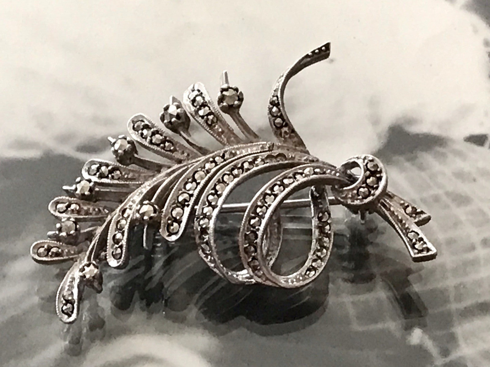 Antik Art Déco Edel prachtvoll Brosche Silber 835 Markasite