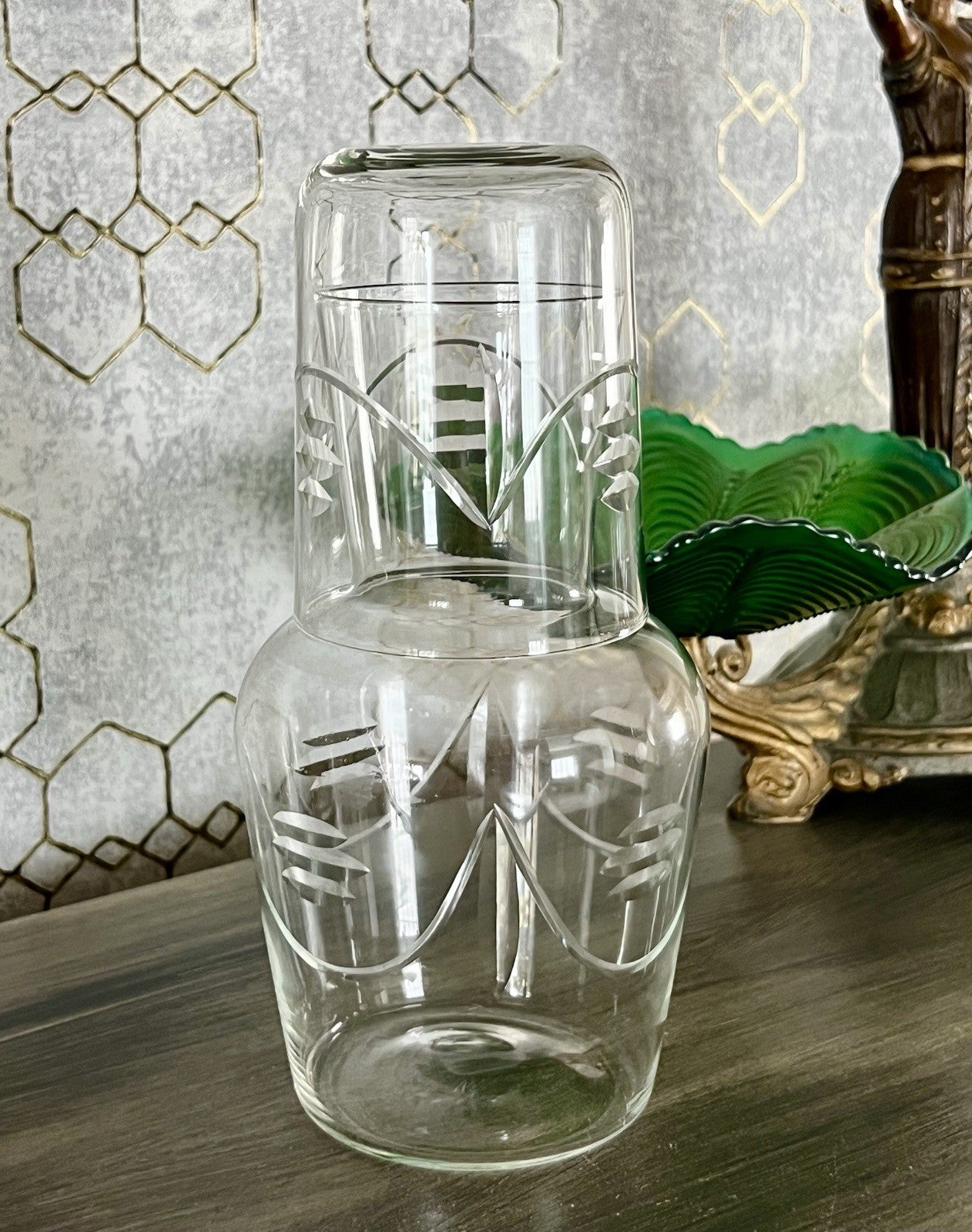 Antik Art Deco Sturzflasche Karaffe Dekanter & Becher Glas geschliffen