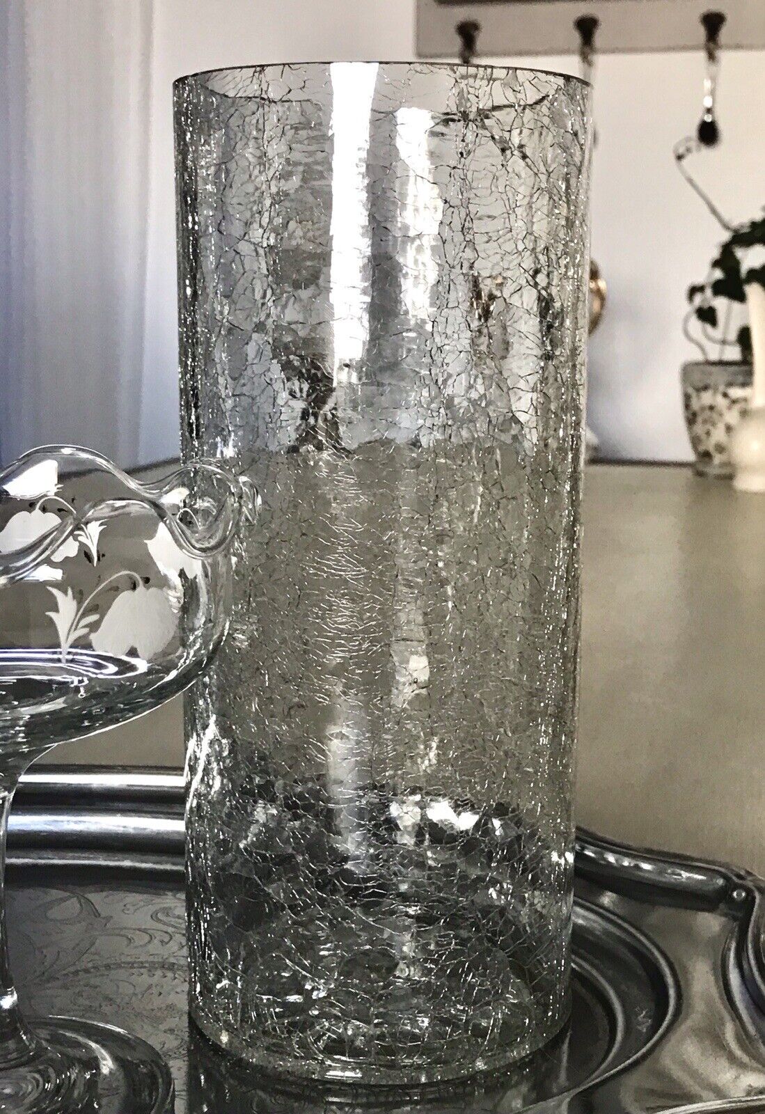 Vintage Kristallglas Kunstglas Craquelée Vase Glasvase zylindrisch groß