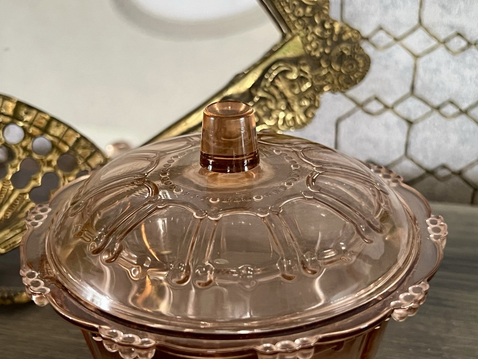 Art Déco Stil Dose Deckeldose Rosalin Rosa Pressglas