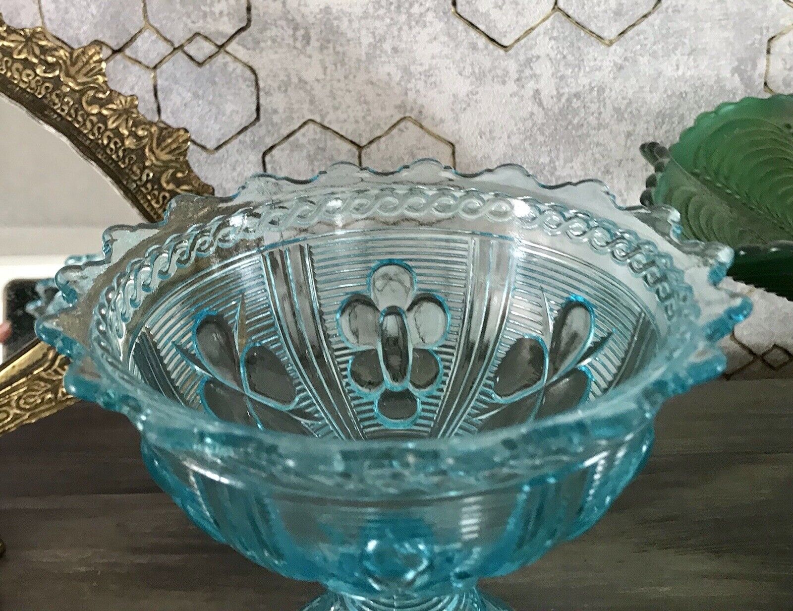 Antik Jugendstil Art Déco Pressglas Schale Fußschale Zuckerschale blau türkis