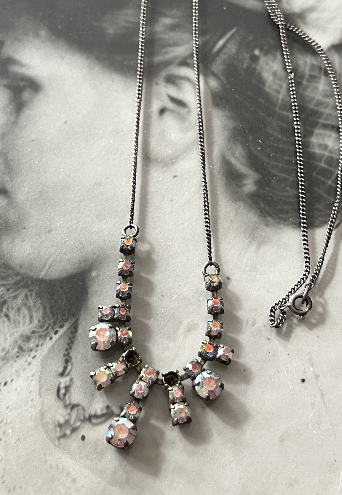 Vintage Antik? 835 Silber Collier Halskette Aurora Borealis? Steine