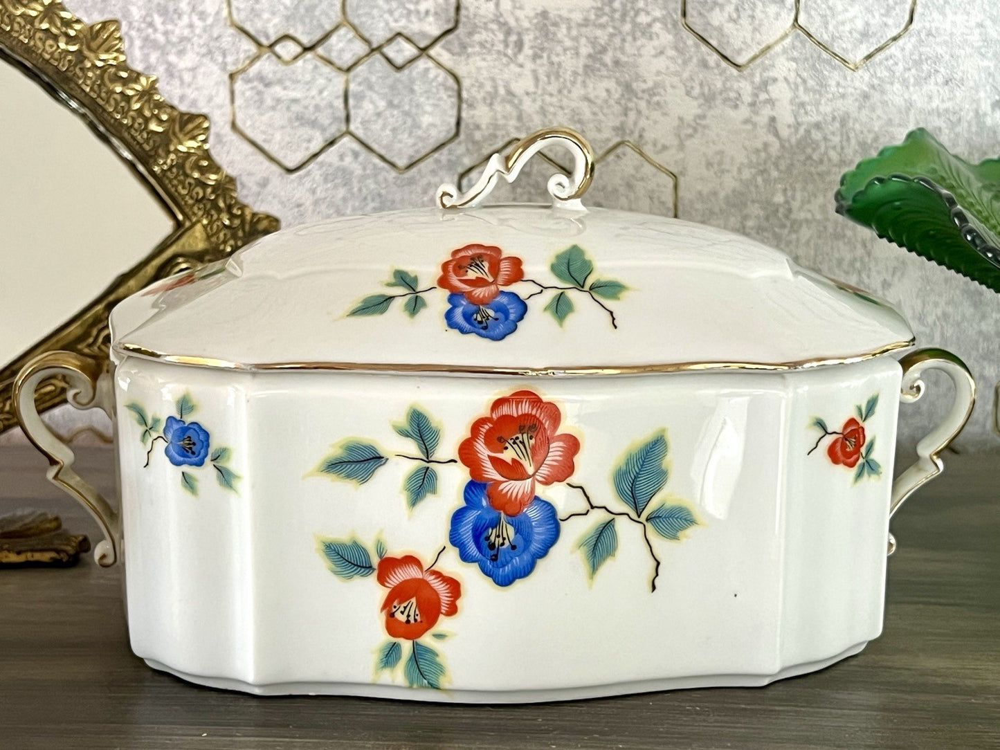 Antik Art Déco Porzellan Dose Deckeldose Schatulle Bonboniere gestempelt R Krone
