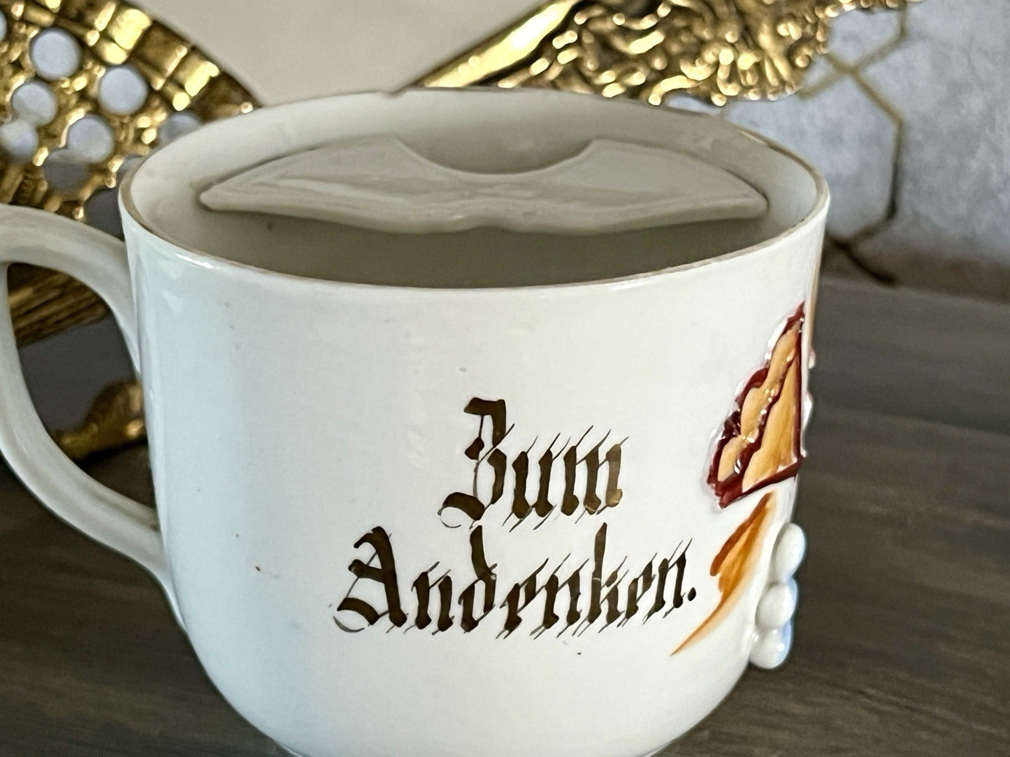 Antik Rosenhäferl Porzellan Andenken Tasse Zum Andenken Stucktasse Barttasse